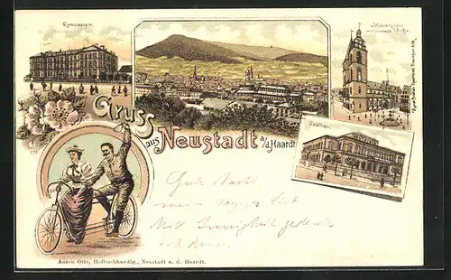 Lithographie Neustadt a. d. Haardt, Marktplatz mit protest. Kirche, Saalbau