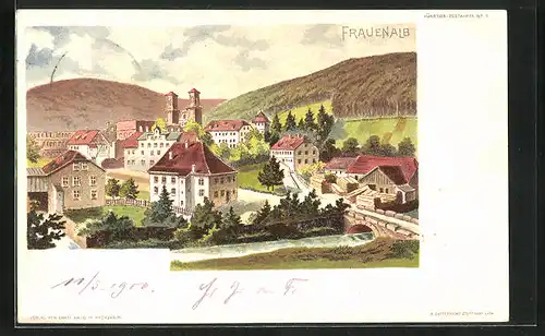 Lithographie Frauenalb, Blick zur Ortschaft über den Fluss