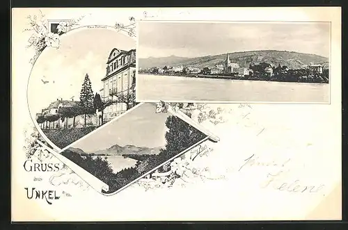 AK Unkel a. Rh., Haus Bothwell, Teilansicht mit Kirche vom Fluss aus