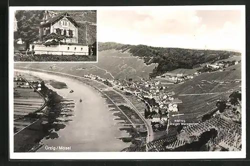 AK Ürzig /Mosel, Hotel Ürziger Würzhaus, Flusspartie aus der Vogelschau