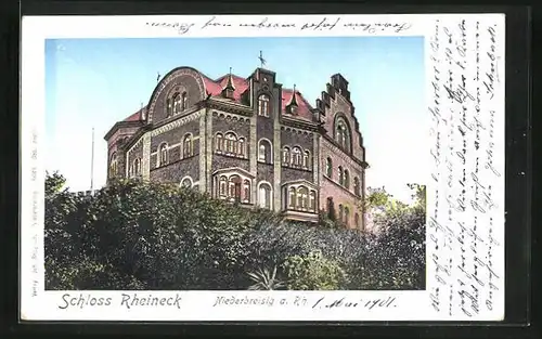 Goldfenster-AK Niederbreisig a. Rh., Schloss Rheineck mit leuchtenden Fenstern