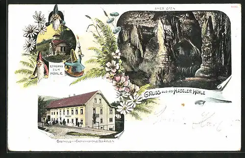 AK Hasel, Gasthaus zur Erdmannshöhle, Haseler Höhle mit Zwergen am Eingang