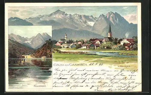 Künstler-AK Heinrich Deuchert: Garmisch, Teilansicht, Rissersee