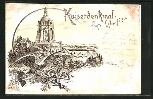 Lithographie Porta-Westfalica, Kaiserdenkmal