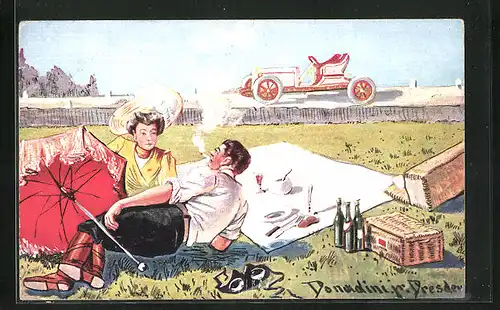 Künstler-AK Ermenegildo Carlo Donadini: Mann und Frau beim Picknick, Auto