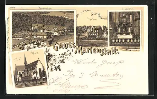 Lithographie Marienstatt, Totalansicht mit Kirche, Pilgerhaus und Gnadenaltar