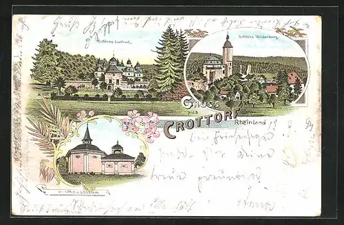 Lithographie Crottorf / Rheinland, Schloss Wildenburg, Schloss Crottorf, Mausoleum