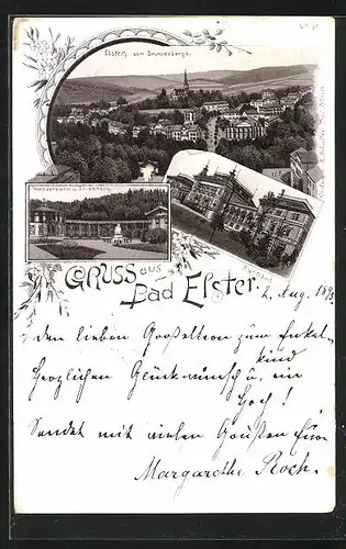 Vorläufer-Lithographie Bad Elster, 1895, Kurhaus, Wandelbahn, Totalansicht vom Brunnenberg gesehen