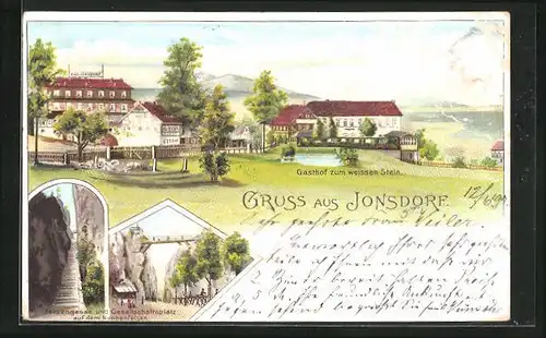 Lithographie Jonsdorf, Gasthof zum weissen Stein, Felsengasse und Gesellschaftsplatz auf dem Nonnenfelsen