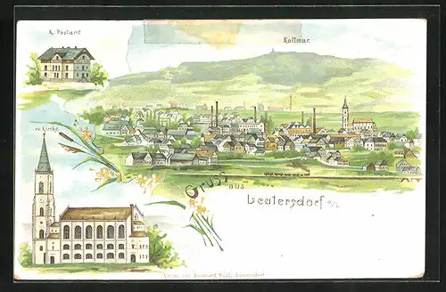 Lithographie Leutersdorf /O.-L., Teilansicht mit Kottmar, K. Postamt, Evangelische Kirche