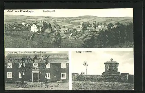 AK Eckenhagen, Gasthaus Gottlob Wenzelburger, Kreigerdenkmal, Totalansicht