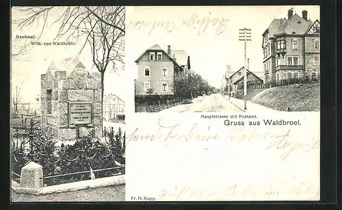 AK Waldbroel, Denkmal Wilh. von Waldbrühl, Hauptstrasse mit Postamt