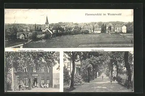 AK Flammersfeld / Westerwld, Gasthaus zur Krone, Totalansicht, Ortspartie