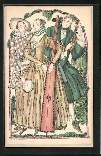 Künstler-AK sign. Fritzi Löw: Wiener Werkstätte No. 1003, Musiker mit Instrumenten in Prachtvoller Garderobe