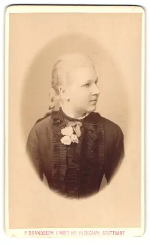Fotografie F. Brandseph, Stuttgart, Marienstrasse 36, Portrait junge Dame im Kleid mit Flechtzopf