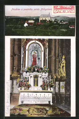 AK Pribyslavice, Ortsansicht und Altar der Kirche