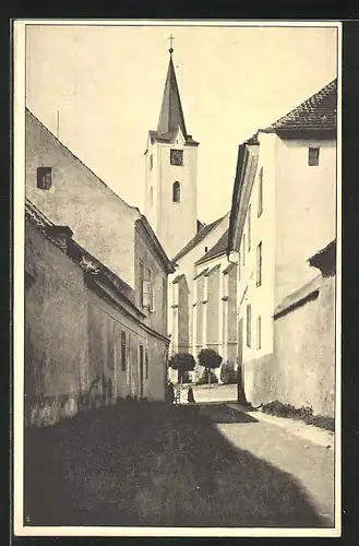 AK Pacov, Blick über die Dächer der Stadt auf Kirche