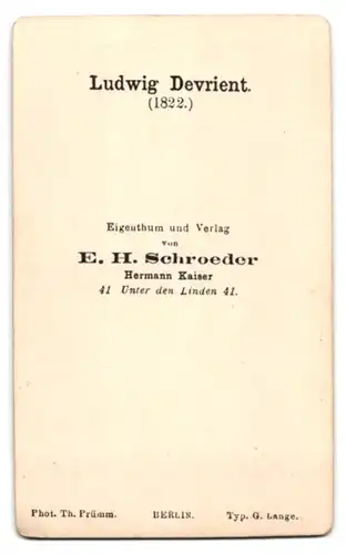 Fotografie E. H. Schroeder, Berlin, Unter den Linden 41, Portrait Ludwig Devrient mit Locken, Schauspieler