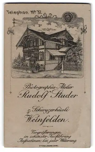 Fotografie Rudolf Studer, Weinfelden, Schwyzerhüsli 3, Ansicht Weinfelden, Ateliershaus des Fotografen mit Schaukasten