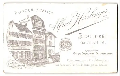 Fotografie Alfred Hirrlinger, Stuttgart, Garten-Str. 9, Ansicht Stuttgart, Ateliersgebäude mit Strassenbahn