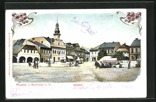 AK Rychnov n. K., Namesti, Marktplatz mit Wasserpumpe