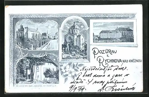 Mondschein-AK Rychnov n. K., Studanka, C. K. Gymnasium s kostelem sv. Trojice, Kaple na hrbitove