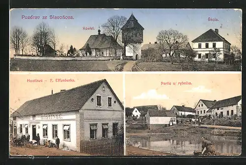 AK Slavonov, Gasthaus, Hostinec F. Effenberka, Kostel, Skola