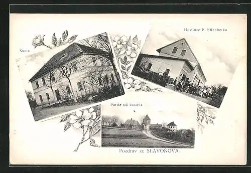 AK Slavonov, Skola, Gasthaus, Hostinec F. Effenberka, Partie od kostela