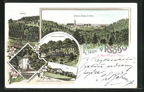 Lithographie Nove Mesto n. M.-Rezek, Pohled z Rezku k mestu, rezek, Vily, Lázne a Hostinec