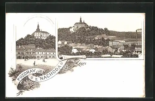 Lithographie Nachod, Ortsansicht gegen Schloss, Industriegebiet