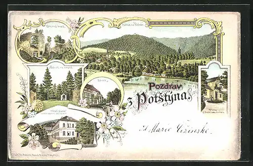 Lithographie Potstyn, Hotel Suza, Zriceny hrad, Zamek