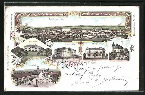 Lithographie Adler Kosteletz / Kostelec nad Orlici, Nový zámek, Obecní reálka, Námestí