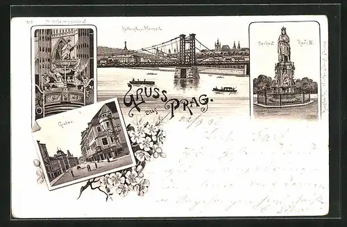 Lithographie Prag / Praha, Graben, St. Johannisgrabmal, Kettensteg u. Kleinseite