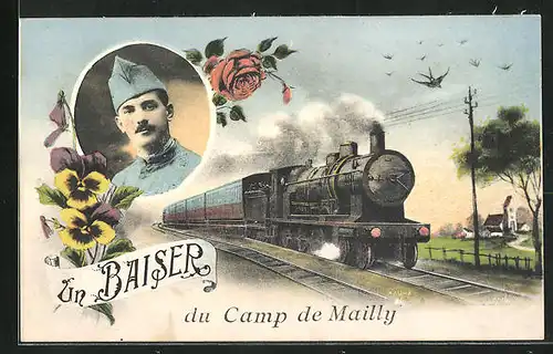 AK Mailly-le-Camp, Dampflokomotive, Soldat