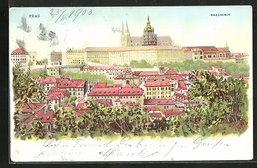 Lithographie Prag / Praha-Hradschin, Blick auf Schloss