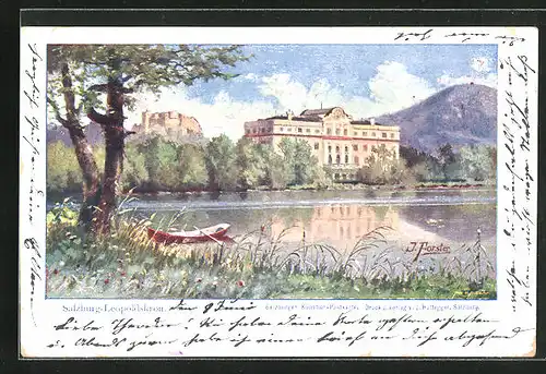 Künstler-AK Salzburg-Leopoldskron, Uferblick mit Schloss