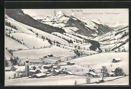 AK Saalbach, Ortsansicht von einer Anhöhe aus, Zwölferkogel