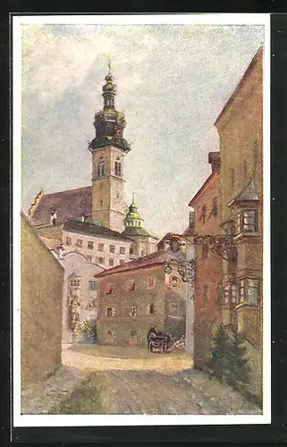 Künstler-AK Hall i. T., Blick auf die Stiftskirche