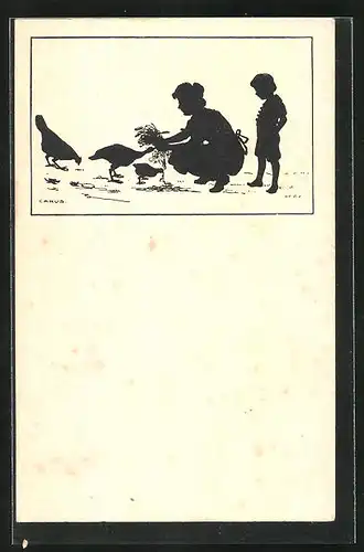Künstler-AK Carus: Mutter mit Sohn füttert die Gänse