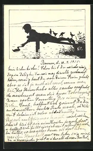 Künstler-AK Carus: Junge füttert Ente am Steg