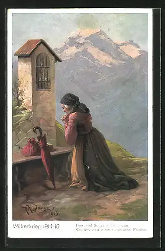 Künstler-AK Max Kuglmayr: Alte Frau kniet am Bildstock