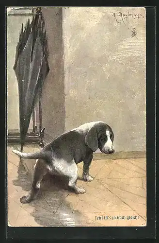 Künstler-AK Max Kuglmayr: Hund wartet auf sein Herrchen