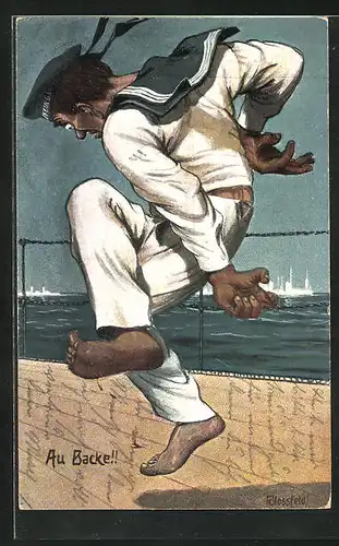 Künstler-AK K. Blossfeld: Au Backe!!, Matrose verletzt sich an Deck
