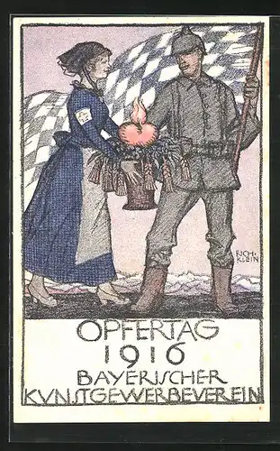 Künstler-AK Richard Klein: Opfertag 1916, bayr. Soldat bei Lazarettschwester, Rotes Kreuz