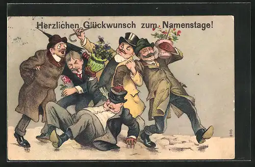Künstler-AK Glückwunsch zum Namenstag, Gesellige Herrenrunde