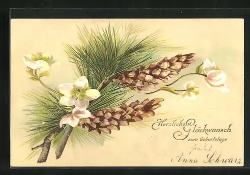 Lithographie Glückwunsch zum Geburtstag, Tannenzweig, Windröschen