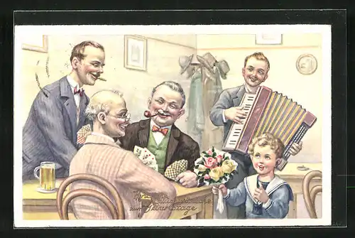 Künstler-AK Glückwunsch zum Geburtstag, Blumen und ein Ständchen für den Jubilar