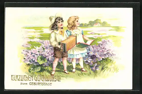 Künstler-AK Glückwunsch zum Geburtstag, Mädchen und Junge auf der Blumenwiese