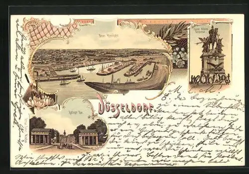 Lithographie Düsseldorf, Ratinger Thor, Neuer Rheinhafen, Kaiser Wilhelm Denkmal