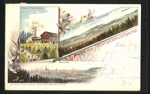 Lithographie Wilthen, Gasthaus Mönchswalderberg, Panorama von Bautzen